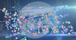 Image of network of digital icons against binary coding on globe against light trails
