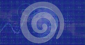 Image of network of digital icons and binary coding and globe against blue background