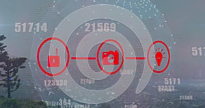 Image of network of digital icons and changing numbers over globe of network of connections