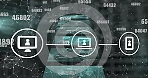 Image of network of digital icons and changing numbers over screens with data processing