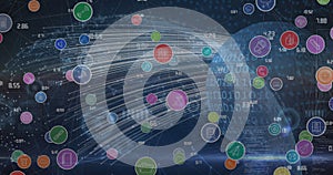 Image of network of digital icons and data processing against light trails over globe