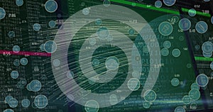 Image of network of digital icons and light trails over globe against data processing