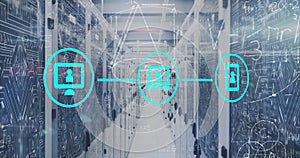 Image of network of digital icons and mathematical equations against computer server room