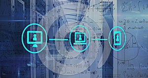Image of network of digital icons and mathematical equations against computer server room