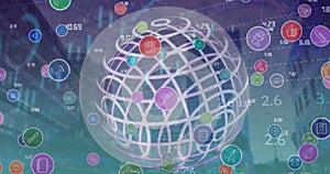 Image of network of digital over spinning globe and data processing against tall building