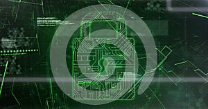 Image of network of envelope icons and online security padlock over computer circuit board