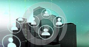 Image of network of icons and binary coding over cityscape