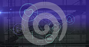 Image of network with icons and data processing over cityscape background