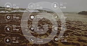Image of network of icons and data processing over landscape