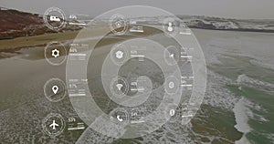 Image of network of icons and data processing over landscape