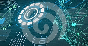 Image of network of media icons over scanner and data processing on dark interface