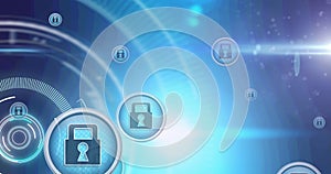 Image of network with online security padlock icons with scope scanning