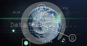 Image of network of people icons and data processing over globe in night sky