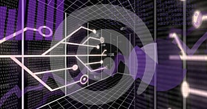 Image of network and processing data over grid on black background