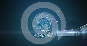 Image of network processing data over hand of robot arm, with moving light on dark background