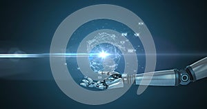 Image of network processing data over hand of robot arm, with moving light on dark background