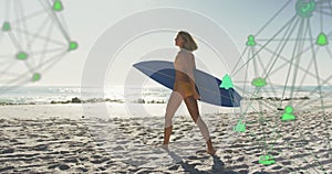 Image of networks of connections with icons over woman with surfboard on beach