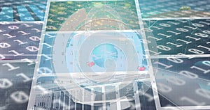 Image of networks of connections, online security padlock and data processing on screens