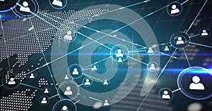 Image of networks and digital data processing over world map