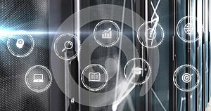 Image of netwrok of connections with icons and data processing over computer servers