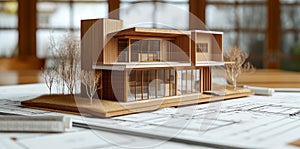 Image of new model house on architecture blueprint