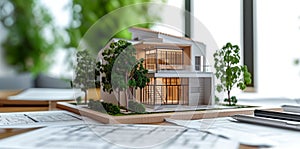 Image of new model house on architecture blueprint