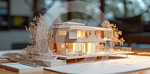 Image of new model house on architecture blueprint