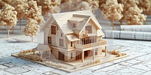 Image of new model house on architecture blueprint