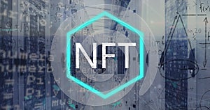 Image of nft symbol, maths calculatuions and processing data over computer server room photo