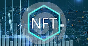 Image of nft symbol over graph and data processing over world map on blue background photo