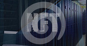 Image of nft text, financial data processing over computer servers