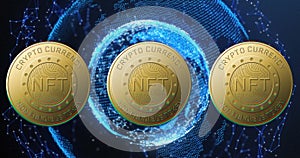 Image of nft text on golden coins and globe over dark background photo