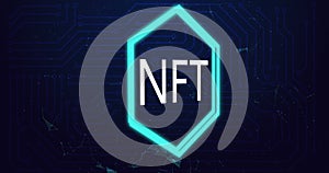 Image of nft text in neon hexagon and data processing over computer circuit board