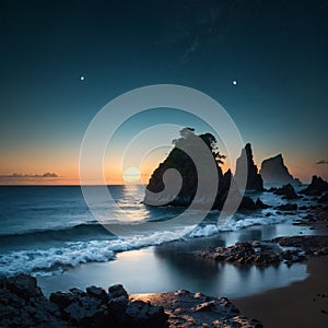 Night futuristic seascape. Reflection of the moon on sea water. Large stones, rocks on the shore, trees. Rays of