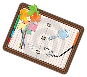 Image of notebook, pocketbook, diary with sign back to school and school supplies, equipment, accessories, items, tools. Cartoon i photo