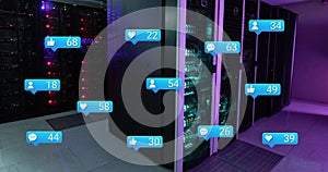 Image of notification with numbers icons over data server racks