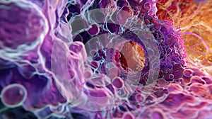 An image of a nucleus surrounded by ries and rough endoplasmic highlighting the cells ability to create and process photo