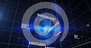 Image of number changing and data processing over grid on glowing blue background