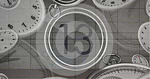 Image of number thirteen in vintage black and white film projector countdown with clocks and watches