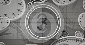 Image of number three in vintage black and white film projector countdown with clocks and watches