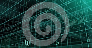 Image of numbers and ai data processing over grid and dark background