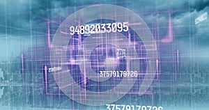 Image of numbers changing and data processing over cityscape