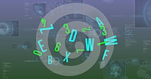 Image of numbers changing and data processing over screens on grey background