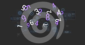 Image of numbers changing and data processing over screens on grey background