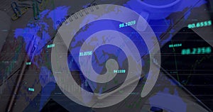 Image of numbers changing and data processing over world map