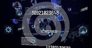 Image of numbers changing and data processing on screens over world map