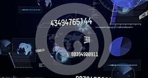 Image of numbers changing and data processing on screens over world map