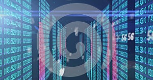 Image of numbers changing over tech room with computer servers