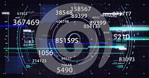 Image of numbers changing, scope scanning and financial data processing
