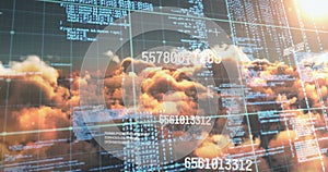 Image of numbers and computer code processing over sunset sky